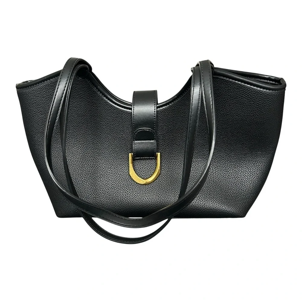 Miztique Black Vegan Leather Shoulder Bag Gold Hardware Tote Bag